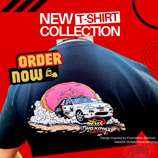 T-shirt with car and donut design on a red background with text promoting a new t-shirt collection.