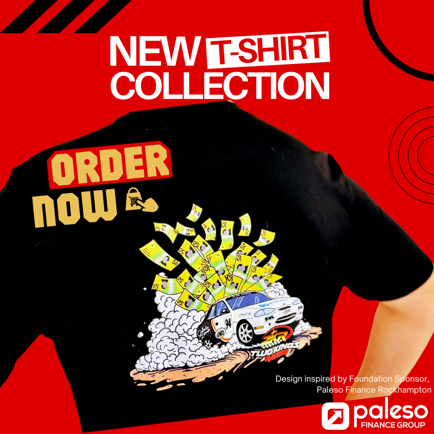 Black t-shirt with a graphic design and text on a red background, promoting a new t-shirt collection.