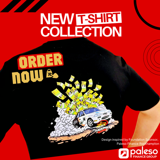 Black t-shirt with a graphic design and text on a red background, promoting a new t-shirt collection.